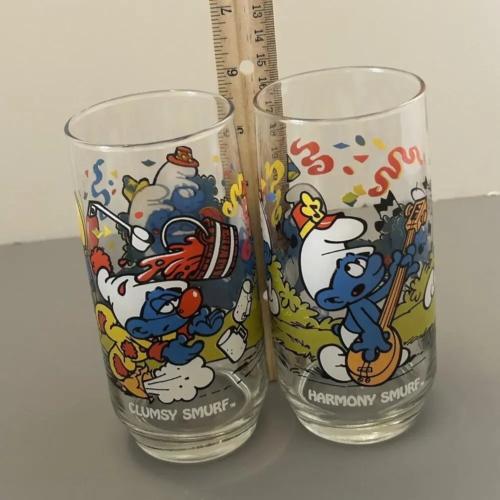 Smurf Clumsy and Harmony Collector Glass/Tumbler 1983 Peyo Vintage 6” Lot of 2